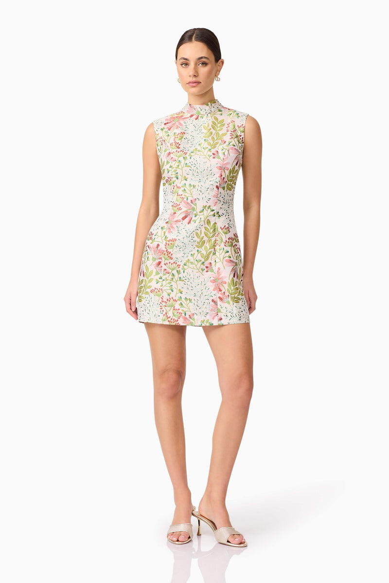 Brunette model in Calaantha Mini Dress in Floral front posing shot