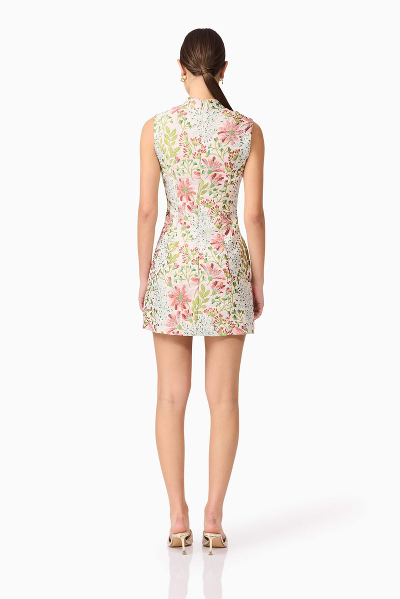 Brunette model in Calaantha Mini Dress in Floral back shot