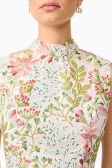 Brunette model in Calaantha Mini Dress in Floral detail detail shot
