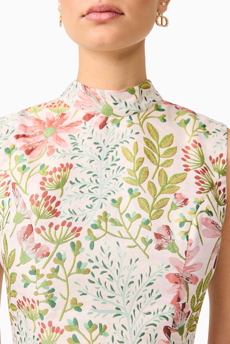 Brunette model in Calaantha Mini Dress in Floral detail detail shot