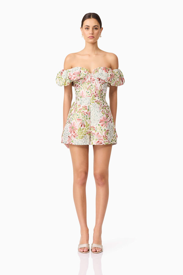 Brunette model in Calaantha Off The Shoulder Romper in Floral front view