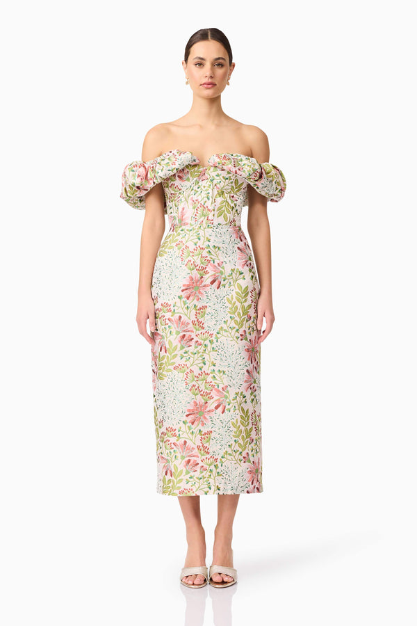 Brunette model wearing Calaantha Off The Shoulder Midi Dress in Floral front shot