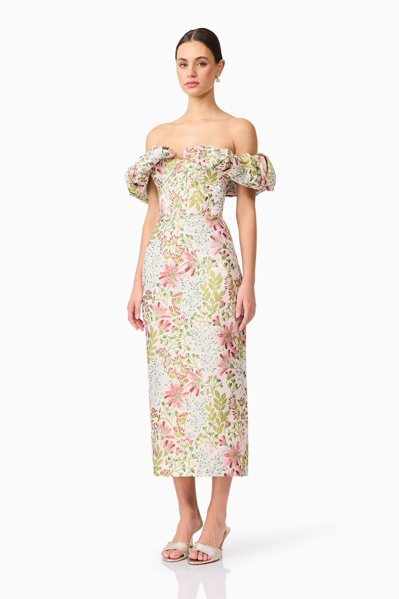 Brunette model wearing Calaantha Off The Shoulder Midi Dress in Floral side shot
