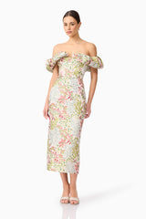 Brunette model wearing Calaantha Off The Shoulder Midi Dress in Floral posed shot