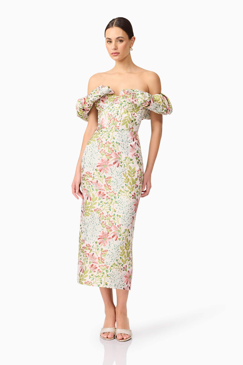 Brunette model wearing Calaantha Off The Shoulder Midi Dress in Floral posed shot