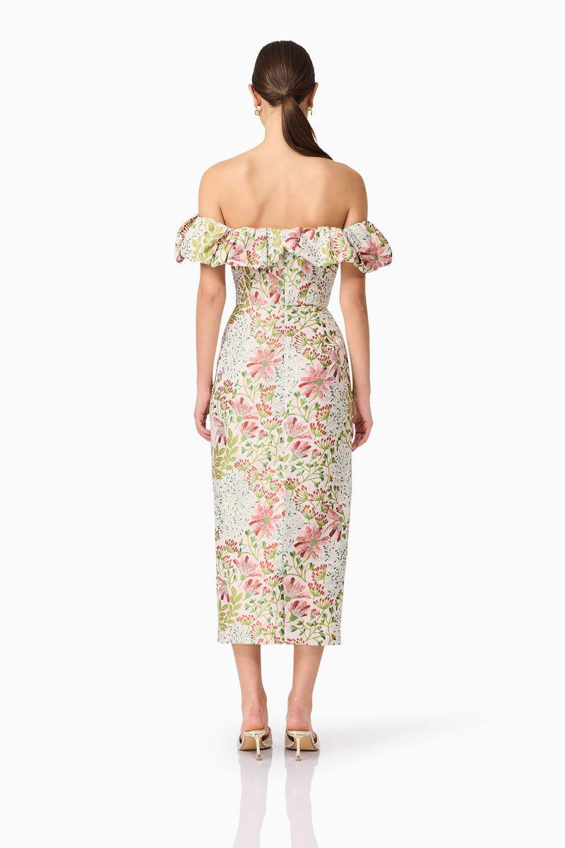 Brunette model wearing Calaantha Off The Shoulder Midi Dress in Floral back shot