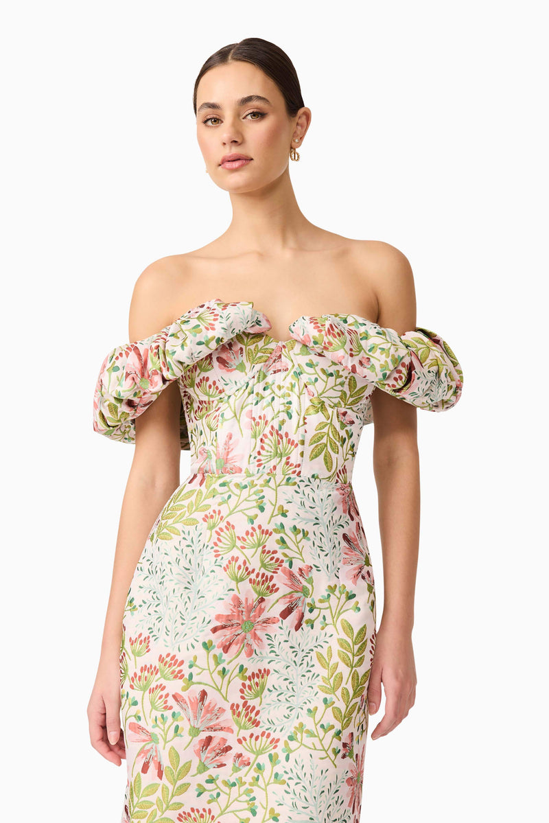 Brunette model wearing Calaantha Off The Shoulder Midi Dress in Floral posed close up shot