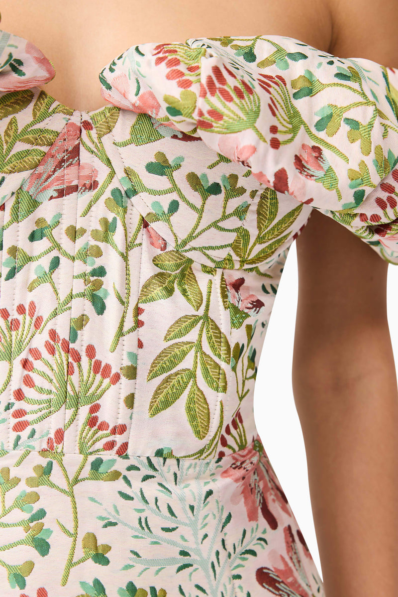 Brunette model wearing Calaantha Off The Shoulder Midi Dress in Floral detail shot