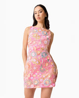 Brunette model wearing the Nathalie Shift Mini Dress in Pink Floral close up shot