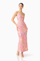Brunette model wearing the Nathalie Colunm Midi Dress in Pink Floral posed shot