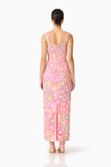 Brunette model wearing the Nathalie Colunm Midi Dress in Pink Floral back shot