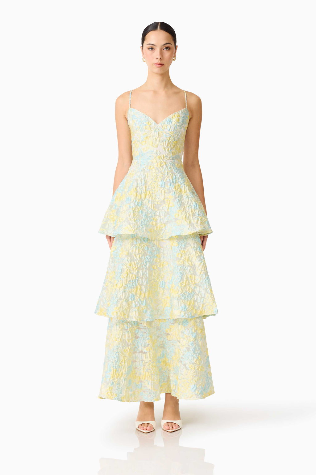 Penelope Tiered Gown in Yellow & Blue Floral | Jacquard Fabrication   Elliatt