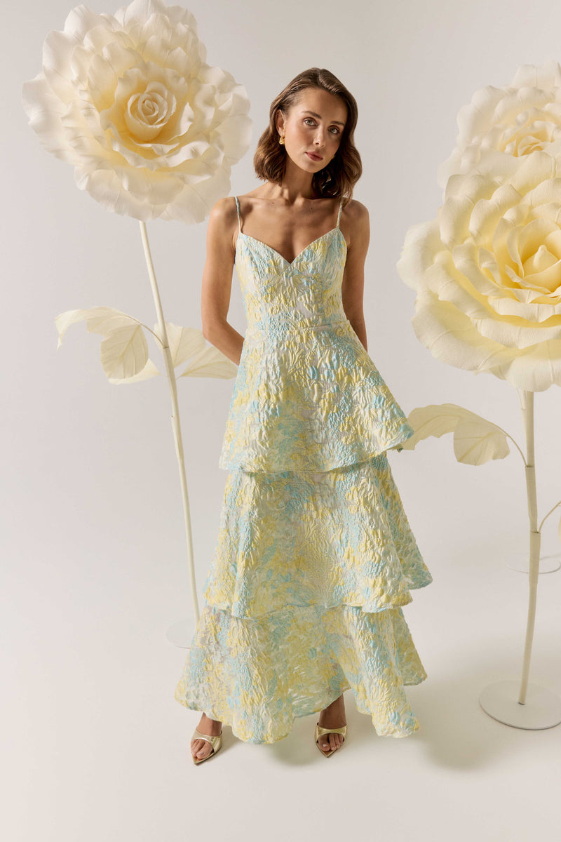 blue and yellow flower dress Raymi Blue Floral Chiffon Maxi Dress - US 12