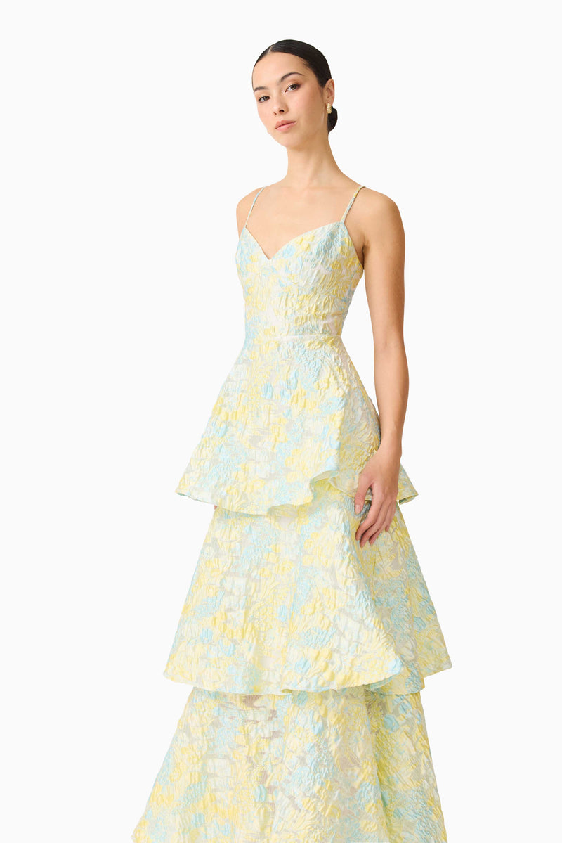 Penelope Tiered Gown in Yellow & Blue Floral