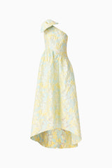 Penelope Asymmetrical Gown in Yellow & Blue Floral ghost shot 