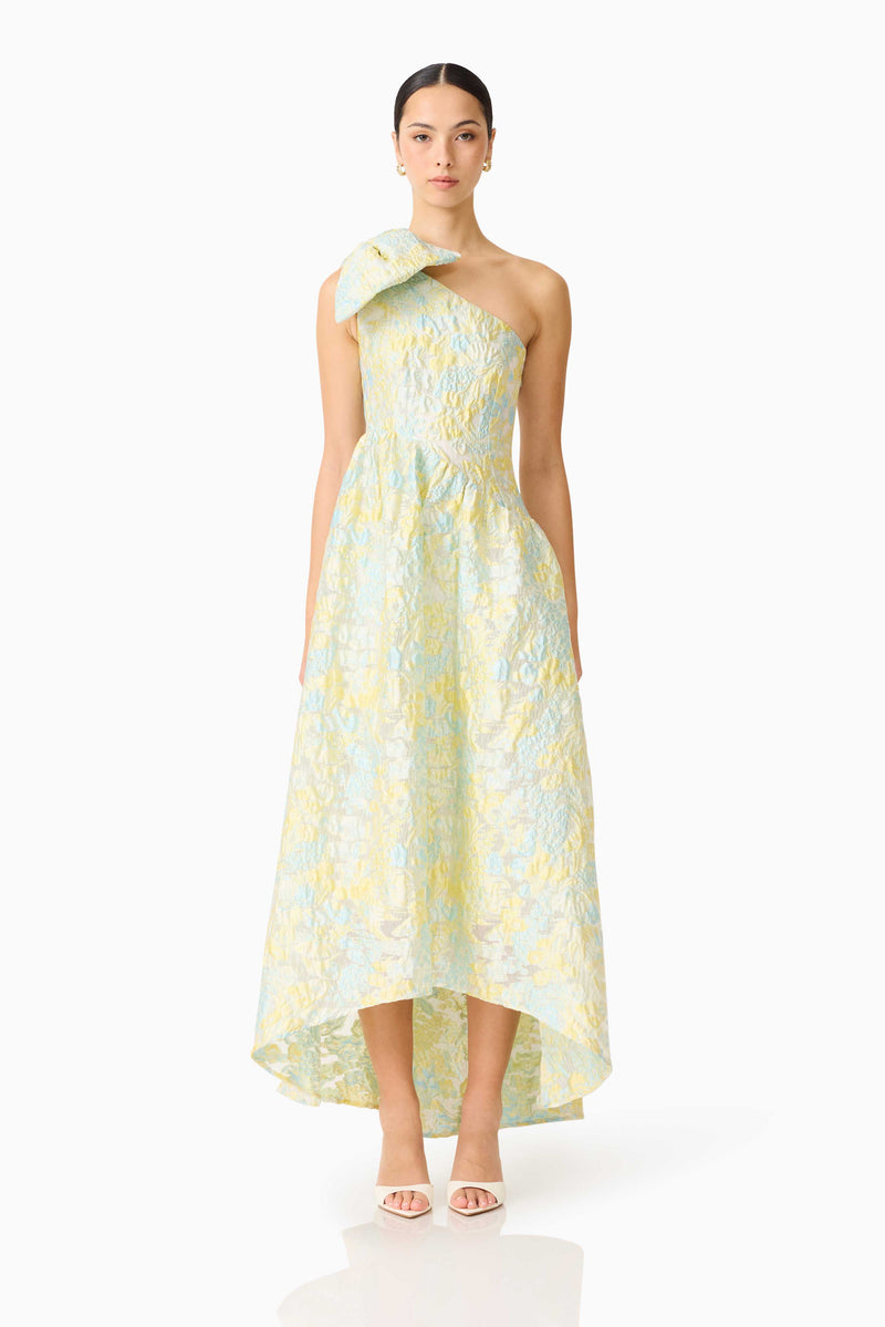 penelope glitter formal high low dress Asymmetrical Gown - Yellow & Blue Floral - L Neckline:Boat Neck