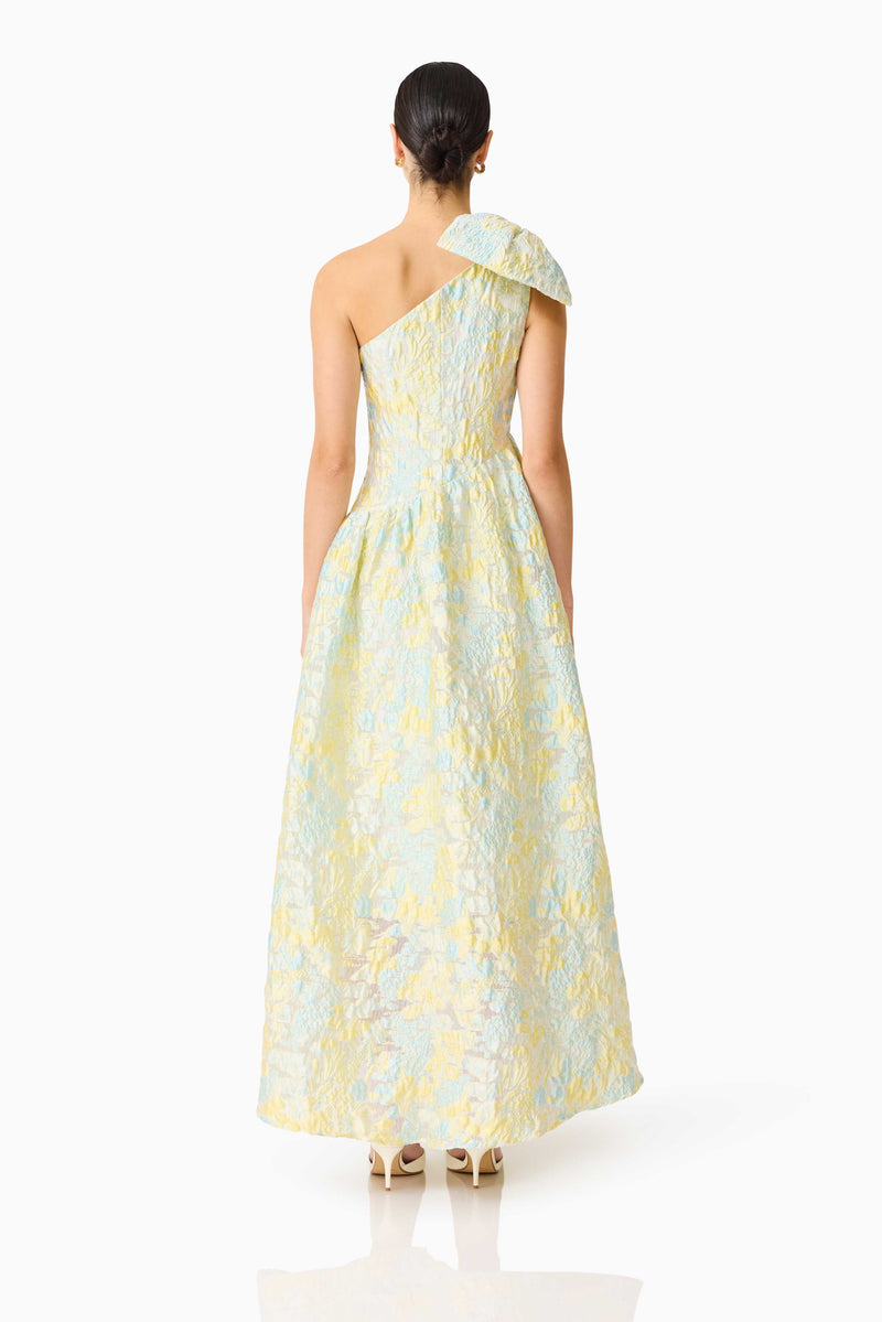 Penelope Asymmetrical Gown in Yellow & Blue Floral – Elliatt