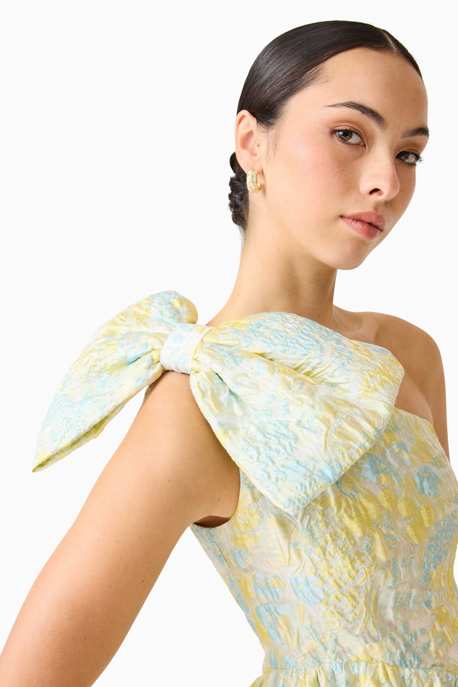 Penelope Asymmetrical Gown in Yellow & Blue Floral – Elliatt