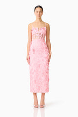 Brunette model wears the Monique Floral Applique Midi Dress in Pink front shot