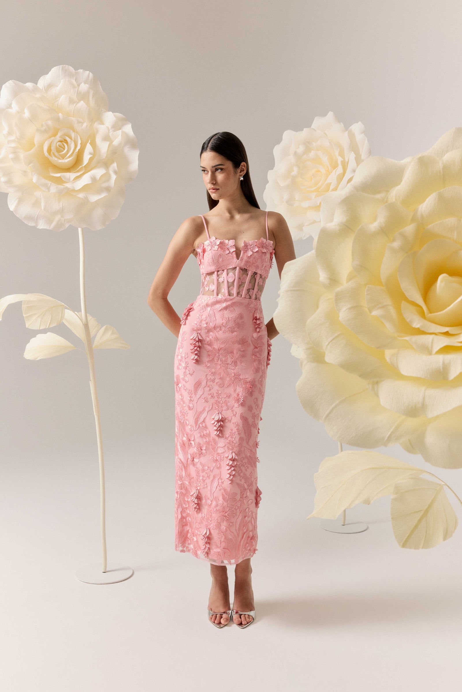 Monique Floral Applique Midi Dress - Pink - S