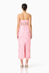 Brunette model wears the Monique Floral Applique Midi Dress in Pink back shot