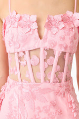 Brunette model wears the Monique Floral Applique Midi Dress in Pink detail only shot