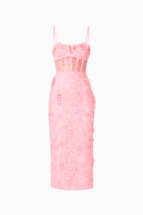Monique Floral Applique Midi Dress in Pink  ghost mannequin shot