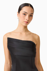 Brunette model wearing the Sydney Strapless Mini Dress in Black detail shot 