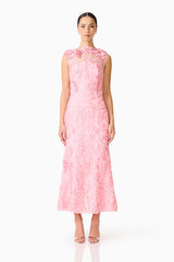 Brunette model wears Monique Floral Applique Midi in Pink straight shot