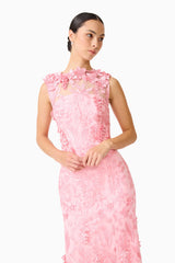 Brunette model wears Monique Floral Applique Midi in Pink up close detail shot