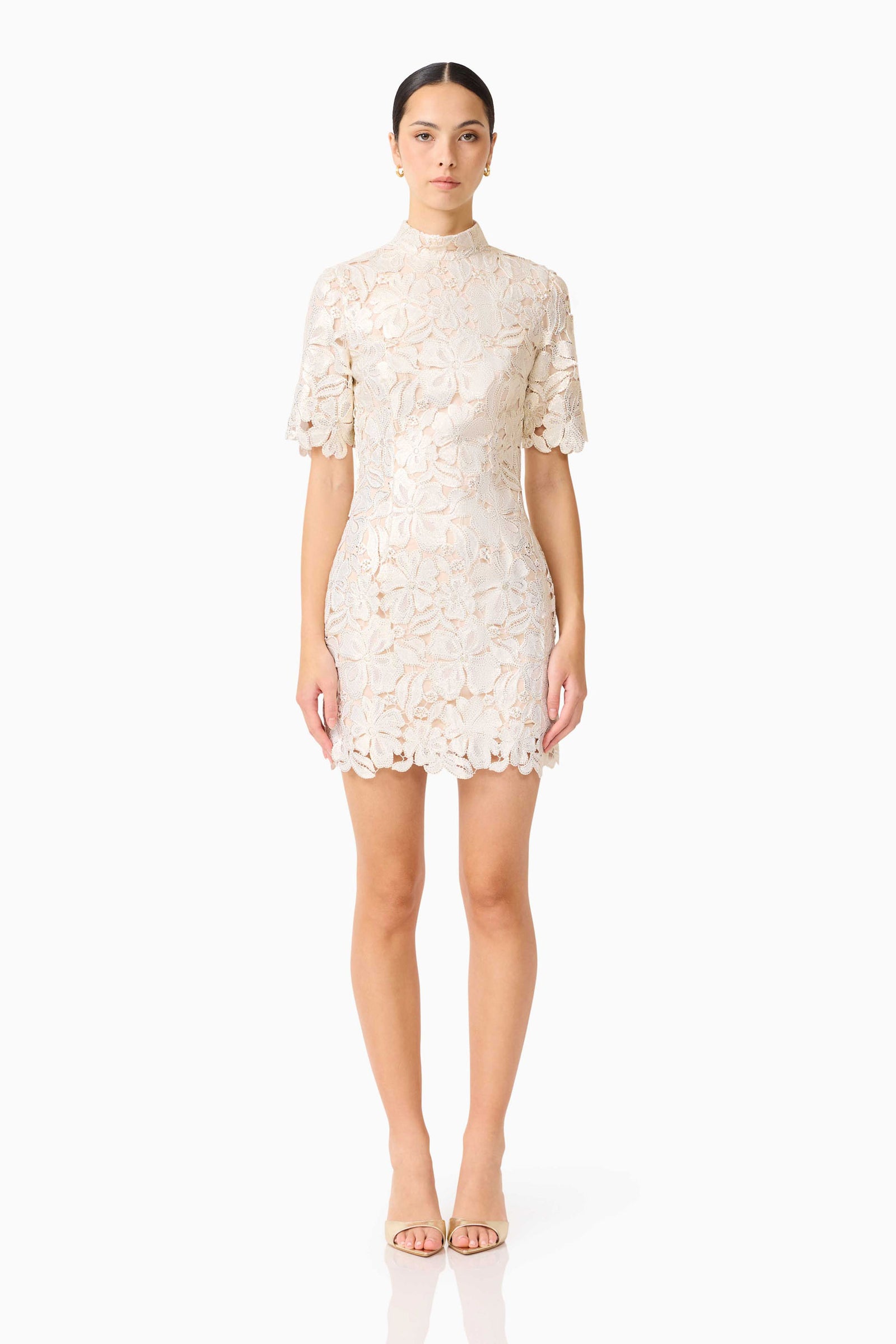 ELLIATT Nicoletta Sleeve Mini Dress in White,Metallic Gold
