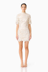 Brunette model wearing the Nicoletta Short Sleeve Mini Dress in Gold front shot