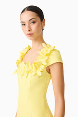 Brunette model wearing the Cara Short Sleeve Midi Dress in Yellow close up shot