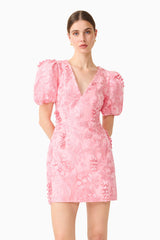 Brunette model wears the Monique Puff Sleeve Mini Dress in Pink, up close posed detail