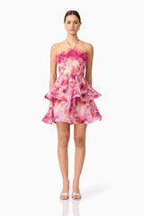 Brunette model wearing Evalina Floral Mini Dress in Pink front shot