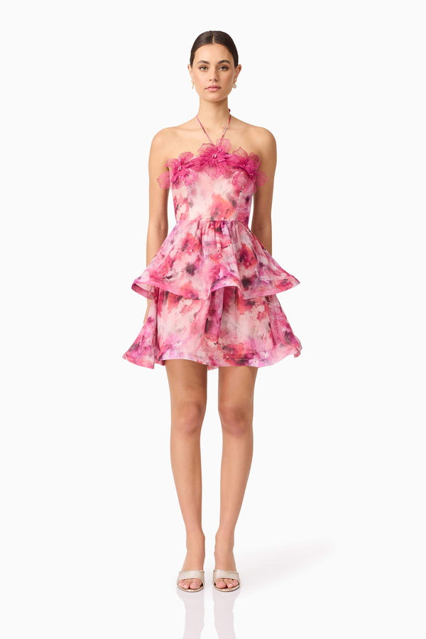 Brunette model wearing Evalina Floral Mini Dress in Pink front shot