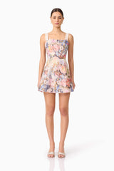 Brunette Model in Matila Mini Dress in Floral Front View