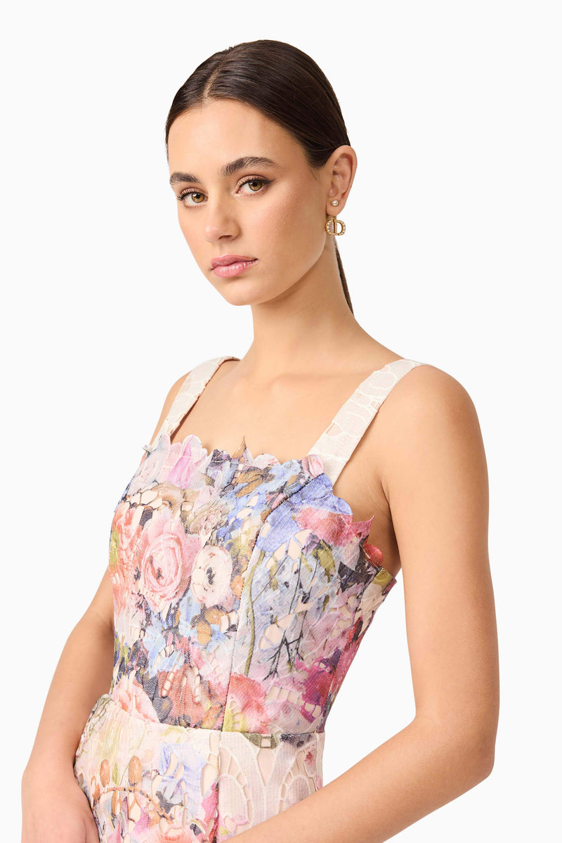 Brunette Model in Matila Mini Dress in Floral side close up