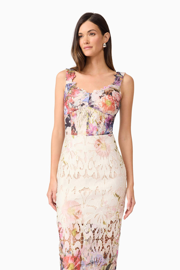 Brunette model wearing Matila Lace Midi Dress in Floral close up shot
