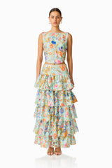 Matila Lace Set in Mint Multi with boat neck and ruffled skirt front shot
