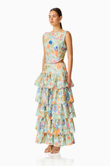 Matila Lace Set in Mint Multi with boat neck and ruffled skirt side shot