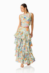 Matila Lace Set in Mint Multi with boat neck and ruffled skirt posed shot