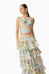 Matila Lace Set in Mint Multi with boat neck and ruffled skirt close up shot
