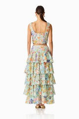 Matila Lace Set in Mint Multi with zipper back top and ruffled skirt back shot