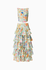 Matila Lace Set in Mint Multi with boat neck and ruffled skirt ghost shot