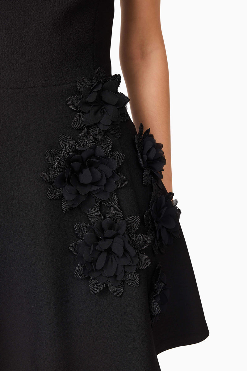 Brunette model wearing Jada Mini Dress in Black detail shot