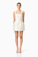 Brunette model wearing Galadirel Mini Dress in White front shot