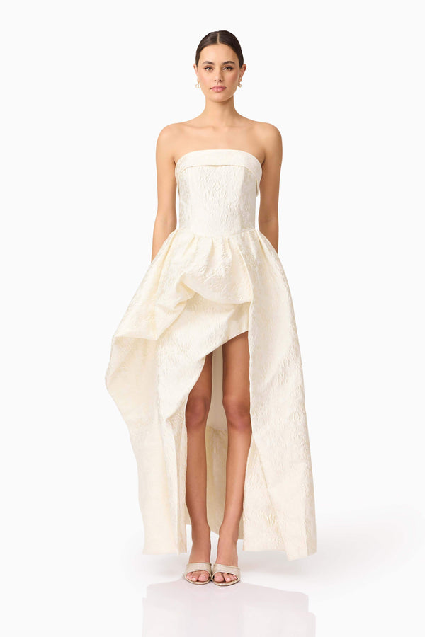 Brunette model wearing Galadirel Strapless Gown in White front shot