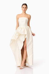 Brunette model wearing Galadirel Strapless Gown in White posed shot