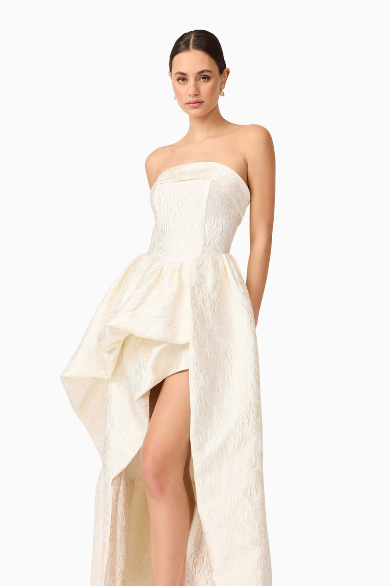 Brunette model wearing Galadirel Strapless Gown in White close up shot